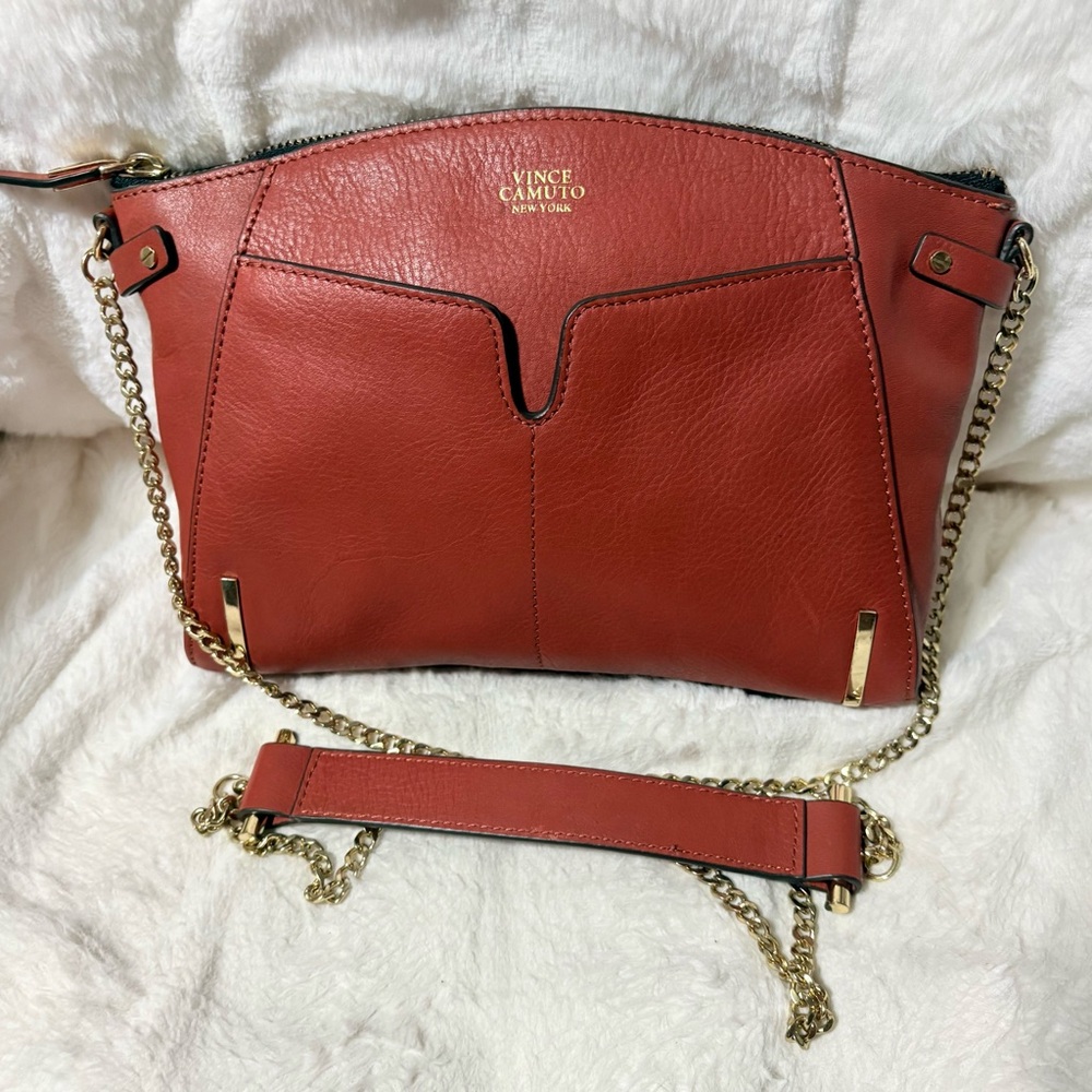 Vince Camuto Terracotta Leather Crossbody with Gold Chain